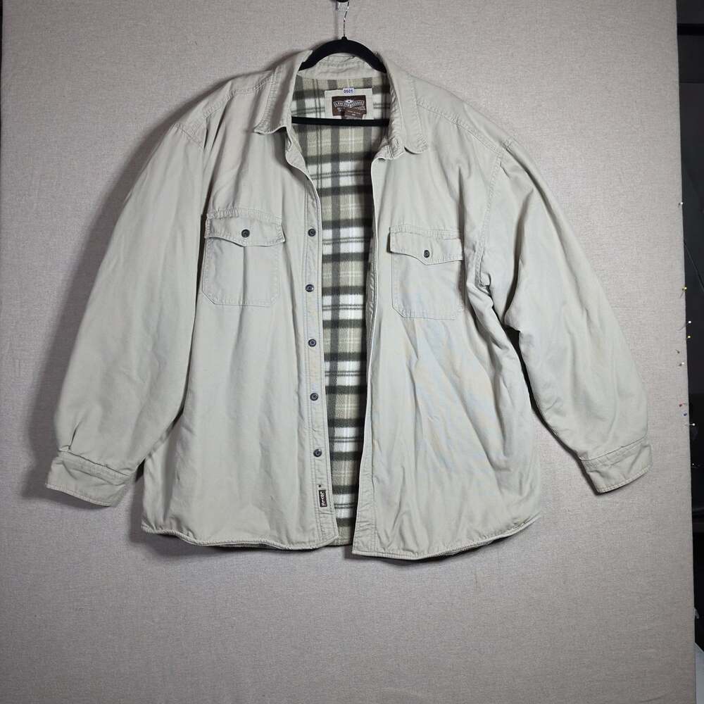 Levi's Shirt Jacket Mens XXL Tan Fleece Lined Green Plaid Shacket Canvas Chore